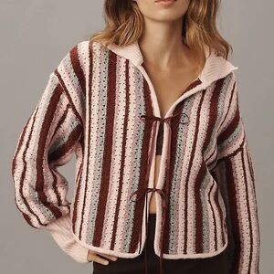 MAEVE Collared Crochet Cardigan Sweater - Multicolor ONE Size
